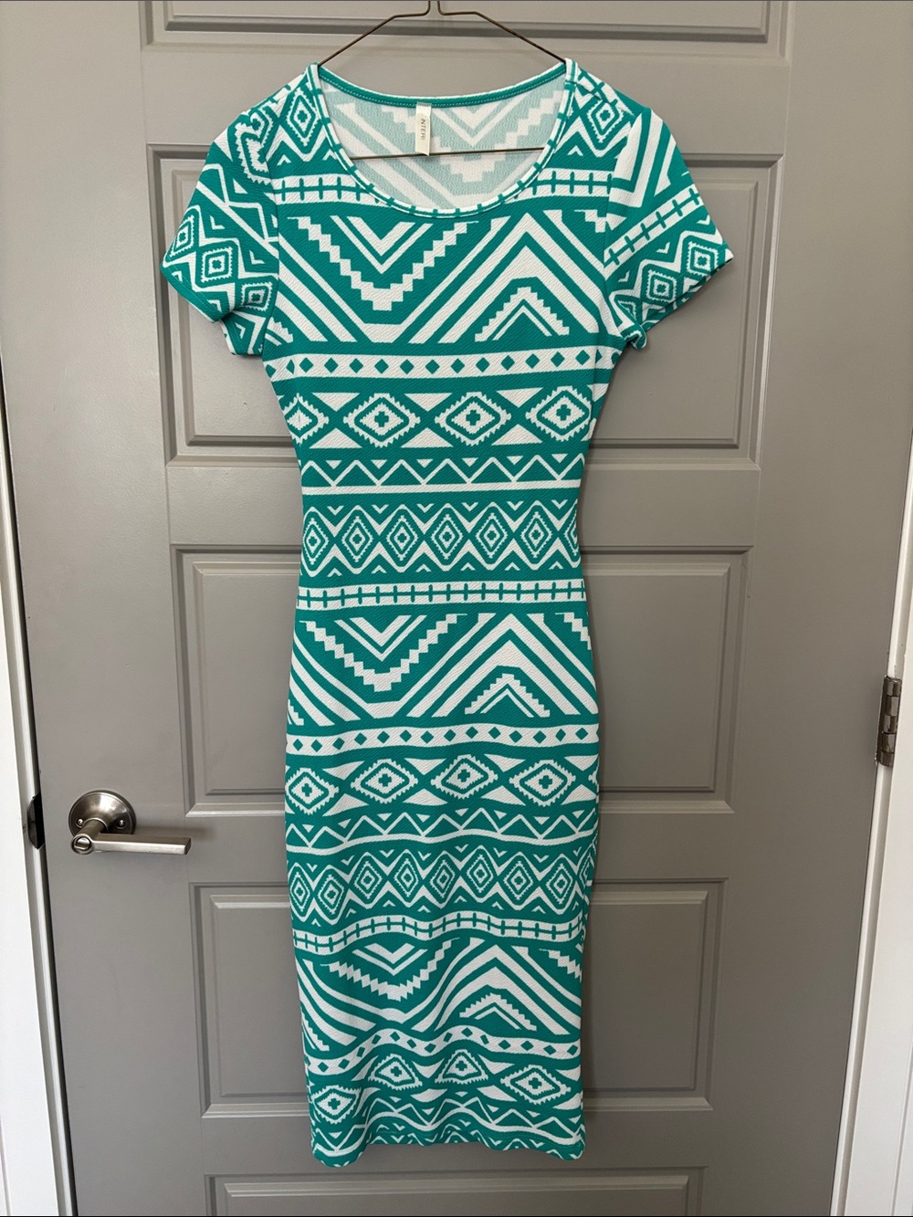 Geometric Teal and White Midi Bodycon Dress